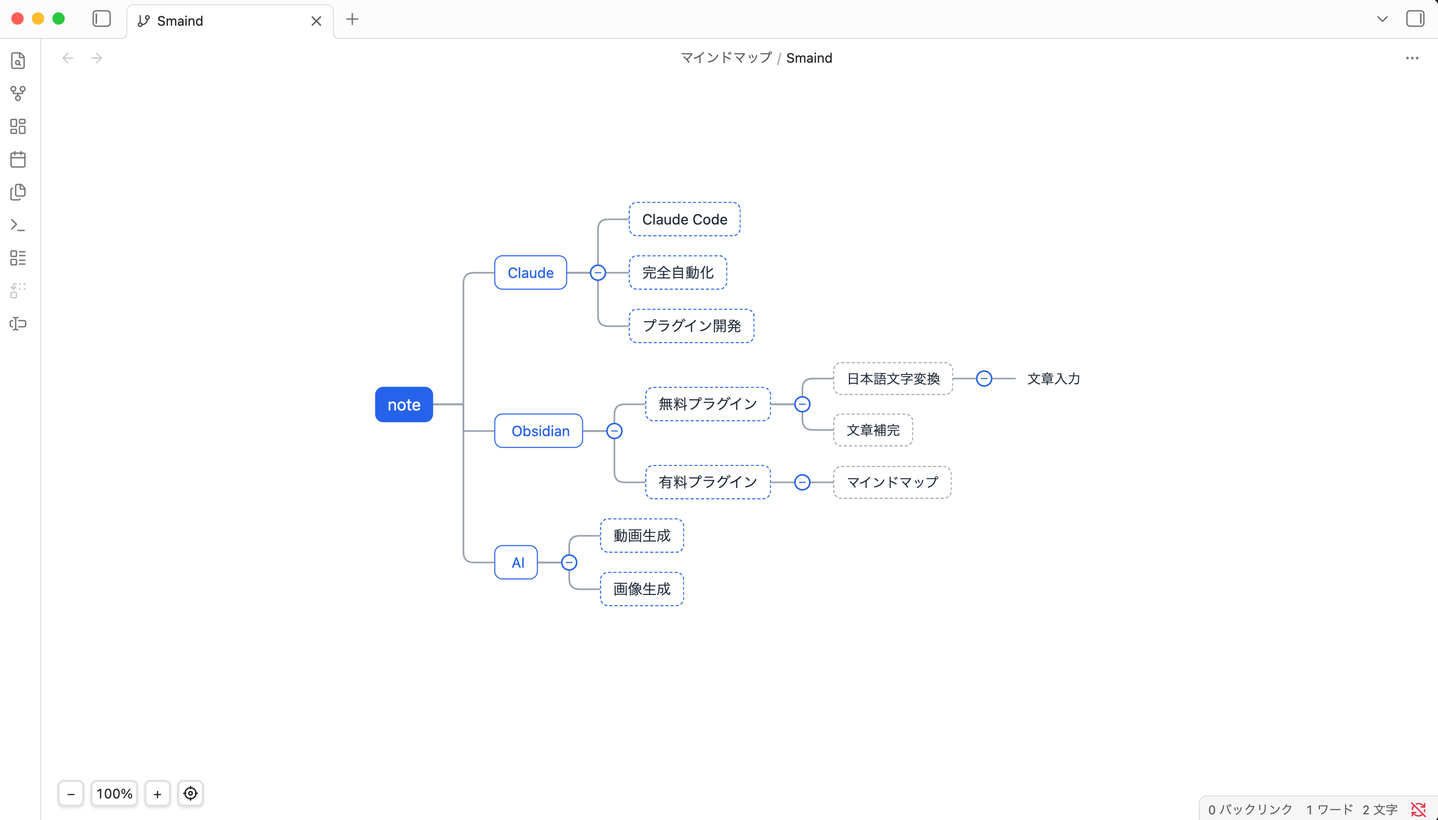 Obsidian上で動くマインドマップの編集画面